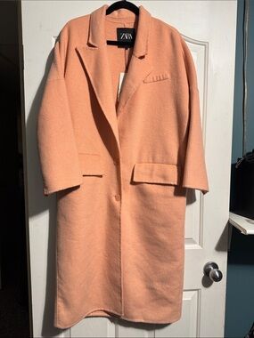 Zara Peach Wool Blend Long Coat Small NWT Tailored Overcoat Classic Minimal FLAW
